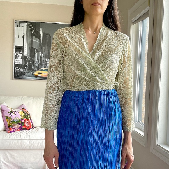 Vintage sage lace open front layering piece with placed sequins and beads - Picture 1 of 16